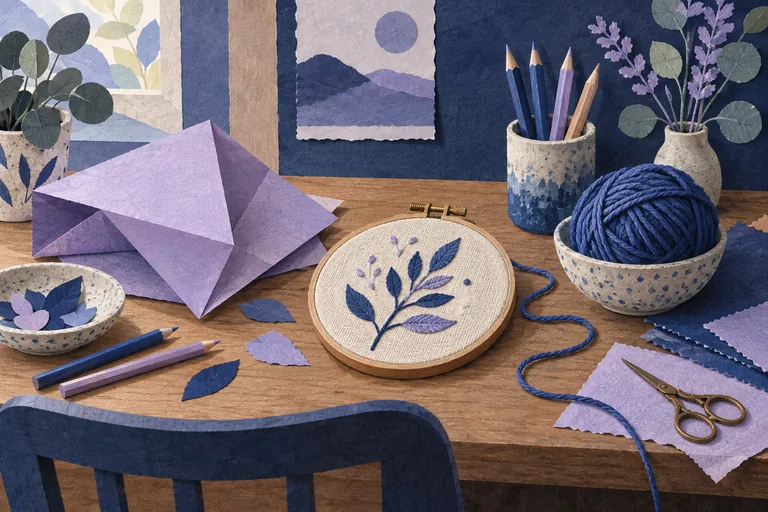 A paper-collage craft scene with yarn, folded paper and an embroidery hoop.